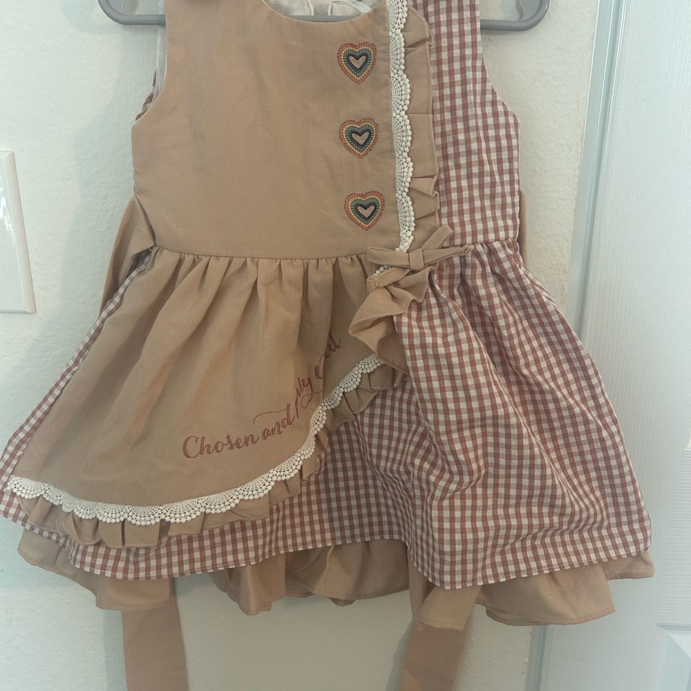 Girls Beige Tan Gingham Ruffle Dress with Heart Appliqué